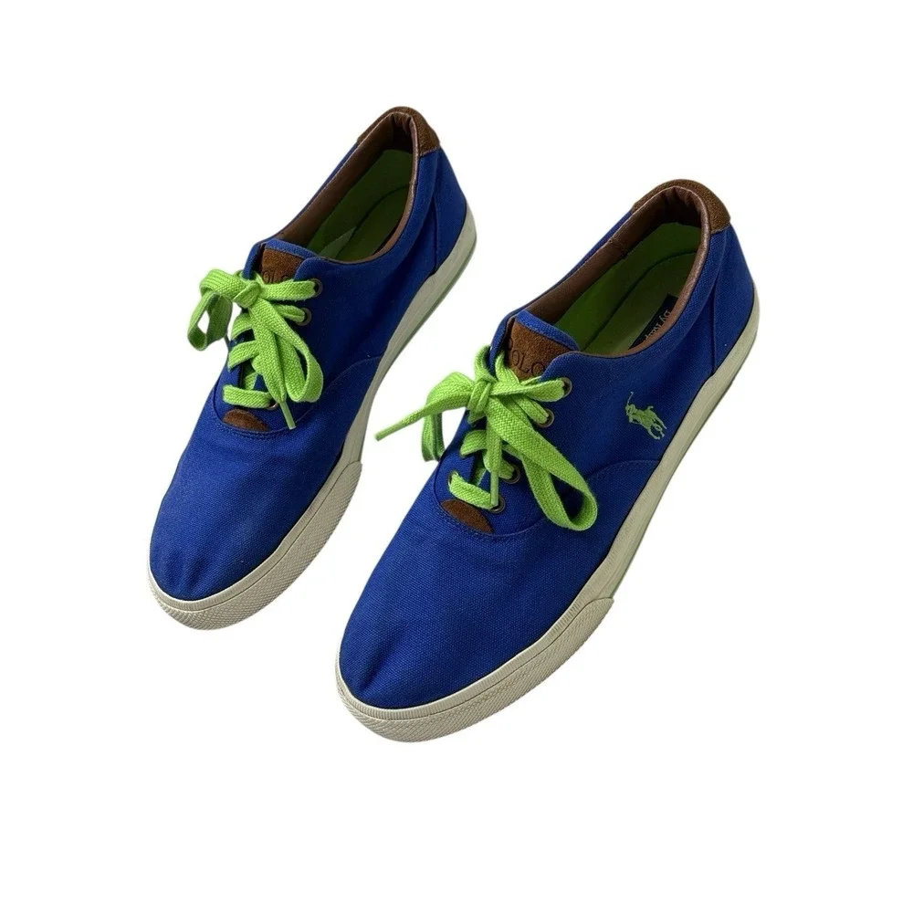 Polo Ralph Lauren Men's Boat Shoes Vaughn Blue‎ Lime Green Logo Laces Canvas 11D